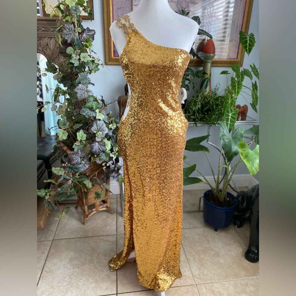 Gold Sequin Gordy Off Shoulder Dress Party Glamcore Holiday New Years Discocore